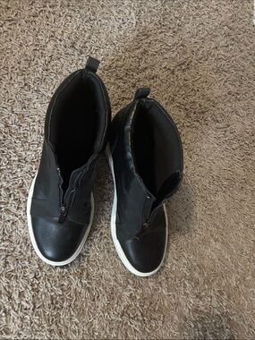 Black Leather-Look High Top Sneakers with White Sole
